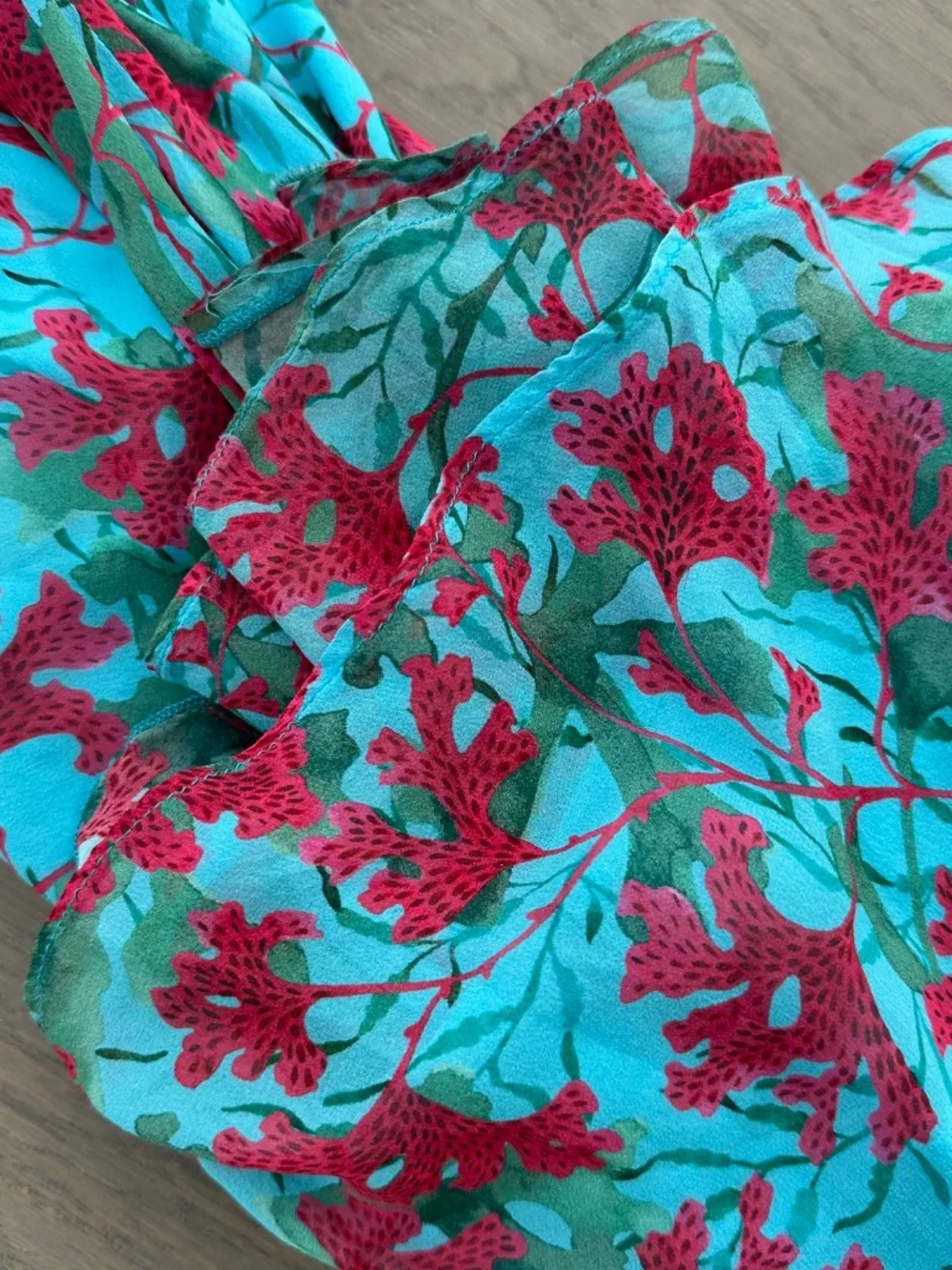 SALONI Rita Silk Maxi Dress Teal Blue Aquarium Floral Ruffle Sleeveless - US 2 - Picture 12 of 12